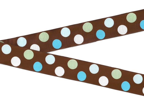 POLKA DOTS H-22-B Jacquard Ribbon Poly Trim 1-1/2" wide (38mm) Chocolate Brown w/White, Mint, Pale Blue & Turquoise Dots