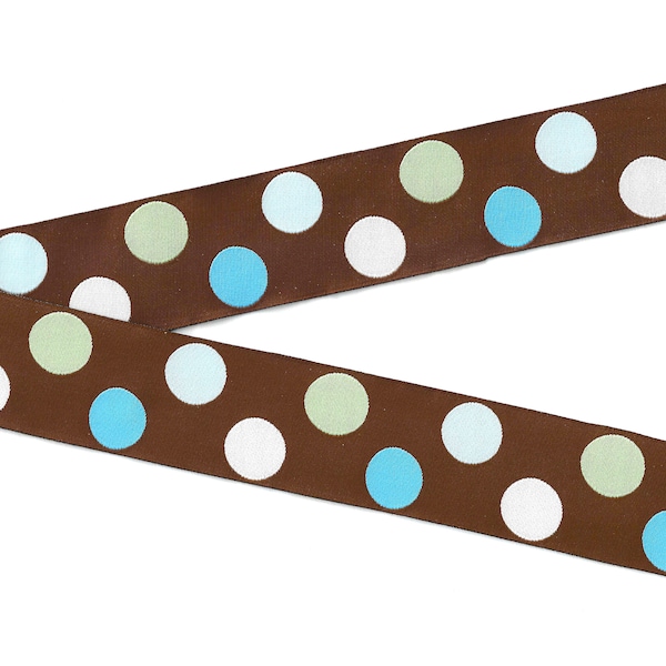 POLKA DOTS H-22-B Ruban Jacquard Poly Trim 1-1/2" de large (38mm) Brun Chocolat avec Points Blancs, Menthe, Bleu Pâle et Turquoise