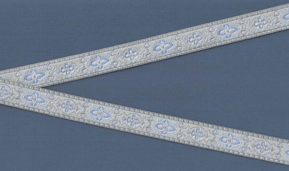 GEOMETRIC C-06-S Jacquard Ribbon Polyester Trim 5/8" wide (16mm) Made in France, Lt Blue w/Beige & Blue Accents Renaissance Medieval Design