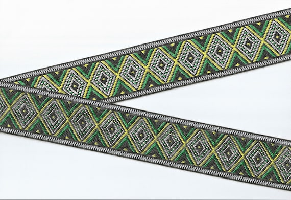 NATIVE AMERICAN J-04-B Jacquard Ribbon Poly Trim 1-7/8" Wide (48mm) Black w/Green, Yellow & White Diamond Southwest Design, Per Yard