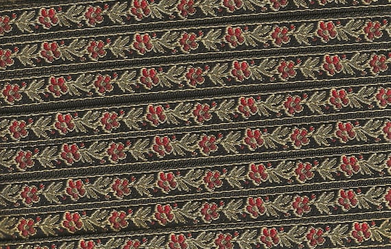 FLORAL B-12-K Jacquard Ribbon Polyester Trim 7/16" wide, Made in France, Black w/Variegated Red Flowers & Olive Green Vines