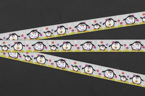 ANIMALS/Water C-03-A Jacquard Ribbon Poly Trim, 5/8" Wide (16mm) Pale Blue w/Happy "Dancing" Penguin Family Flowers/Polka Dots, Per Yard
