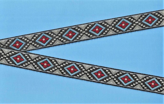 NATIVE AMERICAN D-05-A Jacquard Ribbon Poly Trim 3/4" wide (20mm) Blue, Gray & Red Diamond Aztec Tribal Design on Black, REMNANTS