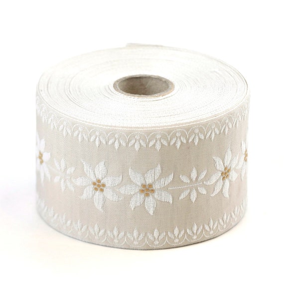 KAFKA K-08/01 Jacquard Ribbon Woven Organic Cotton Trim 2" wide (50mm) Natural w/Large White Edelweiss Flowers (Beige Center) White Accents