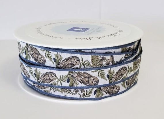 SOPHIA DRESCHER Birds Jacquard Ribbon Woven Trim 5/8" wide (16mm) From Germany "Forest Owls" White Background w/Spotted Owls