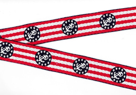 SPORTS/Nautical G-08-A Jacquard Ribbon Woven Cotton Trim 1-1/4" wide (32mm) VINTAGE Red/White Stripes w/Navy Nautical Emblems