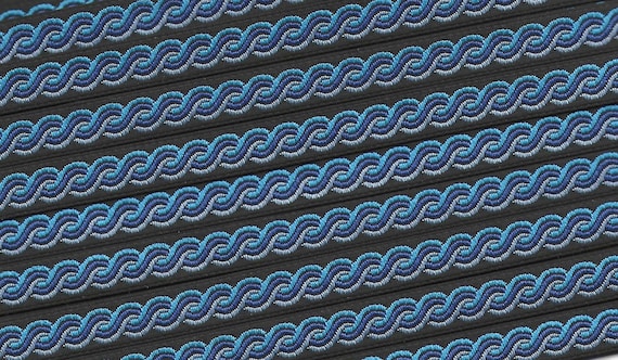 GEOMETRIC A-21-B Jacquard Ribbon Polyester Trim 3/8" wide (9mm) RARE Made in France, Black w/Shades of Blue Celtic Rope Border Design