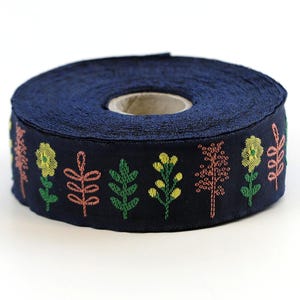 KAFKA F-12/05 Jacquard Ribbon Woven Organic Cotton Trim 1&quot; wide (25mm) Navy Background w/Apricot & Yellow Flowers, Green Stems/Leaves