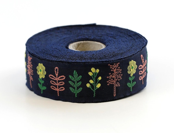 KAFKA F-12/05 Jacquard Ribbon Woven Organic Cotton Trim 1" wide (25mm) Navy Background w/Apricot & Yellow Flowers, Green Stems/Leaves