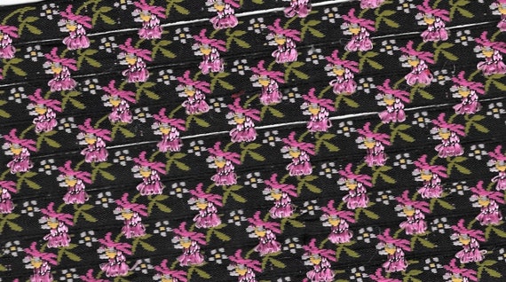 FLORAL A-60-A Jacquard Ribbon Poly Trim ***3/8" Wide (9mm) Black w/Variegated Pink Fuchsia Flowers & Fringe Accents, Olive Leaves