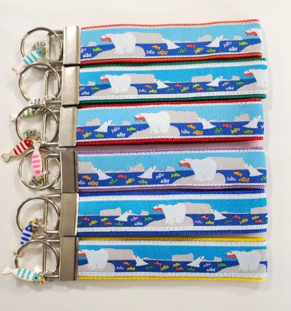 WILDLIFE Jacquard Ribbon/Nylon Web 1" wide (25mm) Key Fobs, "Polar Bears Fishing" w/Charms, Keychain, Wristlet, Luggage Tags 5.5" long