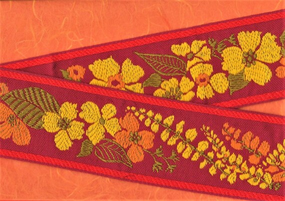 VINTAGE FLORAL L-19-A Jacquard Ribbon Cotton Trim, 2-3/8" Wide (60mm) Burg w/Red Borders Yellow & Orange Flowers Olives Leaves, 1yd Long