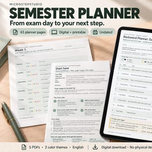 Könnte beinhalten: Ein Semesterplaner-Set mit gedruckten Seiten und einer digitalen Tablet-Anzeige. Der Text umfasst "MICROSTEPSTUDIO SEMESTER PLANNER", "Backward Planner: Exam" und "Start here". Das Layout zeigt Wochenpläne, Energie-Tracking und Prüfungsvorbereitung.