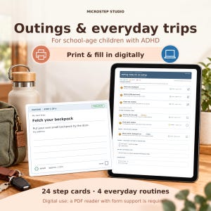 Könnte beinhalten: Ein digitales Planungstool für Kinder im Schulalter mit ADHS, bestehend aus 24 Schrittkarten und 4 Alltagsroutinen. Das Display zeigt ein Tablet und eine gedruckte Karte mit dem Text Outings & everyday trips, Print & fill in digitally.