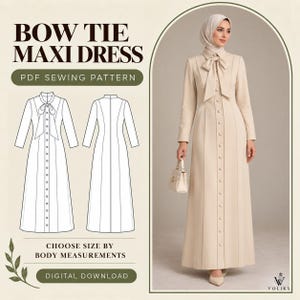 Patron de couture PDF pour robe maxi style hijab, robe modeste à manches longues, col à nœud papillon, fermeture boutonnée sur le devant, mode musulmane, téléchargement numérique
