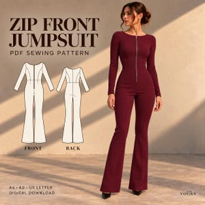 May include: A burgundy long-sleeve jumpsuit with a front zipper closure and flared legs. The image includes text reading ZIP FRONT JUMPSUIT PDF SEWING PATTERN, A4, A0, US LETTER, DIGITAL DOWNLOAD, and voliks, with front and back line drawings.