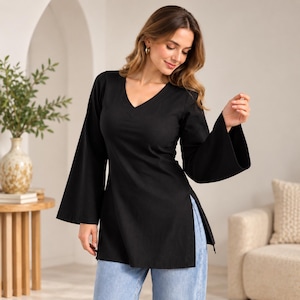 Svart V-ringad kurti för kvinnor | Elegant tunika | Sommarkläder