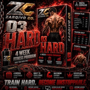 Może przedstawiać: Cyfrowy 4-tygodniowy program fitness zatytułowany 03 HARD od ZARQIVO CO., przedstawiający umięśnioną osobę, plan treningowy, arkusze śledzenia postępów i tracker. Projekt zawiera czarny shaker, talerz obciążeniowy 45 lb oraz łańcuchy.
