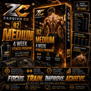 Puede incluir: Un programa de fitness digital de 4 semanas de nivel medio de Zarqivo Co. con una figura musculosa, plan de entrenamiento, hoja de seguimiento y rastreador de progreso. Texto dorado sobre fondo oscuro con el lema Focus. Train. Improve. Achieve.