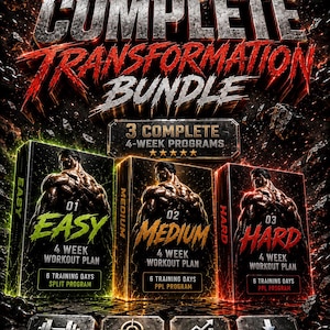 Può includere: Un pacchetto fitness digitale intitolato The Complete Transformation Bundle di Zarqivo Co. con tre programmi di allenamento di 4 settimane chiamati Easy, Medium e Hard. Include icone per piani di allenamento, fogli di tracciamento e accesso.