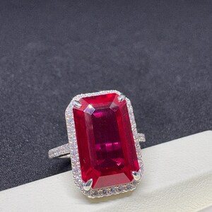 Large Emerald cut Pigeon's Blood Ruby Halo Engagement Ring, Chunky Cocktail Ring,Statement ring for women,July Birthstone Gift,Wedding ring