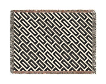 Couverture tissée à motif géométrique grec | Jeté à motifs noirs et blancs