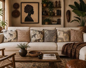 Kissen mit afrikanischem Safari-Motiv | Dekokissen im Afrohemian-Stil | Kissen mit Zebra-, Leoparden- und Giraffenmuster | Savanna Haus Kollektion