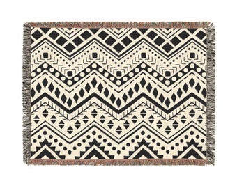 Couverture tissée à chevrons géométriques aztèques | Jeté tribal du Sud-Ouest