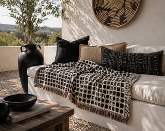 Neutral Grid Woven Blanket | Modern Plaid Throw