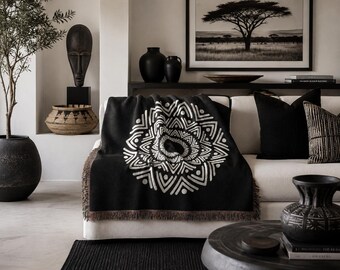African Mandala Circle Woven Blanket | Boho Geometric Throw