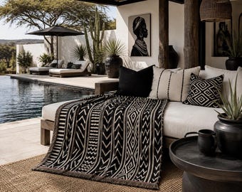 Couverture tissée à motif tribal noir et blanc | Jeté géométrique aztèque