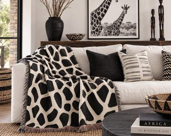 Couverture tissée à motif girafe, 100 % coton avec franges colorées, trois tailles