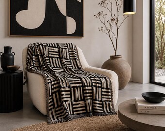 Couverture tissée, jeté neutre 100% coton à motif géométrique tressé
