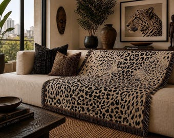Couverture tissée à motif léopard neutre | Jeté à motifs animaux