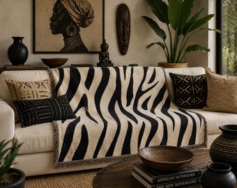 Neutral Zebra Stripe Woven Blanket | Animal Print Throw