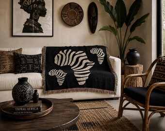 African Continent Zebra Stripe Woven Blanket | Map Pattern Throw