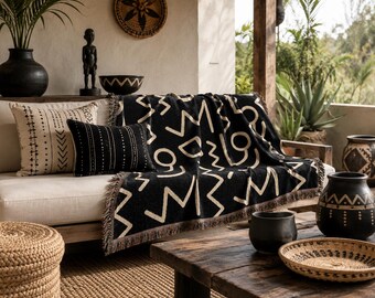 Abstract Geometric Pattern Woven Blanket | Modern Tribal Motif, Neutral Throw