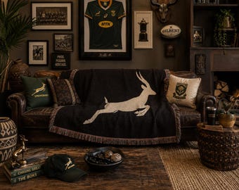 Gewebte Decke mit Springbock-Silhouette | Südafrikanische Tagesdecke, rustikale Walddekoration