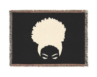 Gewebte Decke mit Afro-Silhouette | Naturhaar-Überwurf, Wanddeko in Schwarz