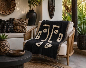 Abstract Face Woven Blanket | Modern Minimalist Tribal Tapestry