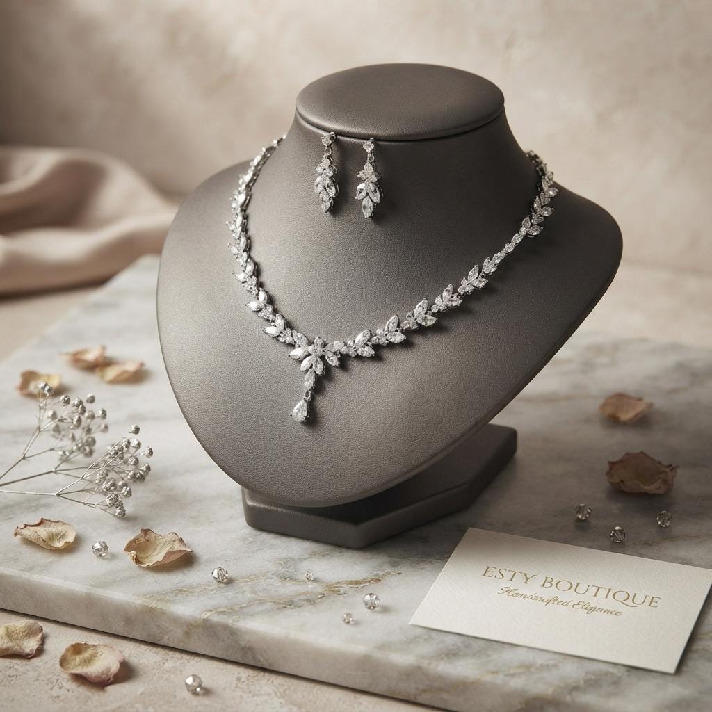 Bridal Crystal Necklace Earring Set Silver Marquise Leaf Wedding Jewelry Set Bride Statement