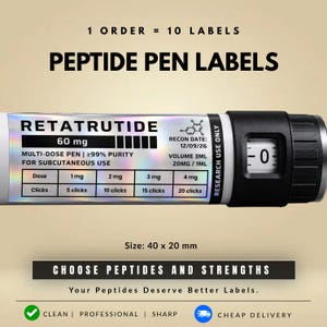Puede incluir: Una etiqueta holográfica para pluma de péptidos de 40 x 20 mm. La etiqueta muestra el texto RETATRUTIDE 60 mg, pluma multidosis, 99% pureza, uso subcutáneo, fecha de recon 12/09/26, volumen 3mL, 20mg/1mL y una tabla de conversión de dosis.