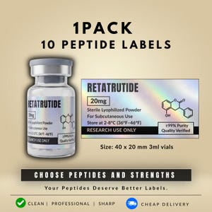 Può includere: Una confezione da 10 etichette per peptidi per flaconi da 3 ml che misurano 40 x 20 mm. Le etichette olografiche riportano il testo RETATRUTIDE, 20mg, Sterile Lyophilized Powder, For Subcutaneous Use, Store at 2-8°C, RESEARCH USE ONLY e ≥99% Purity.