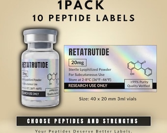 Holographic Peptide Vial Labels 40x20mm, Custom peptide labels, Waterproof Vial Labels, 1 pack 10 Labels - Only