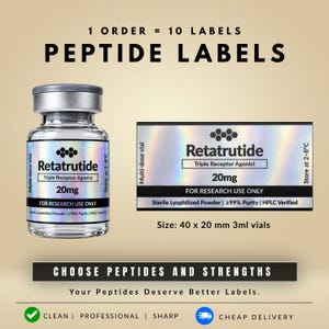 May include: A clear glass vial with a silver cap and a holographic label reading Retatrutide Triple Receptor Agonist 20mg for research use only. The label also includes the text sterile lyophilised powder, 99% purity, and HPLC verified. Size 40 x 20 mm.