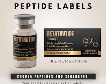Etichette per flaconi di peptidi, nere e oro, per flaconi da 3 ml