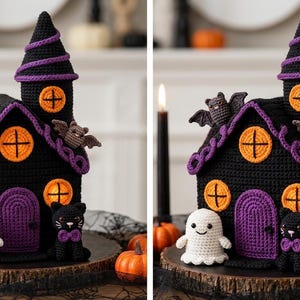 May include: A crocheted haunted house decoration in black, purple, and orange. The structure features a tall tower, round orange windows with black cross detailing, a purple door, and two small bats on the roof. A white ghost and a black cat sit in front.