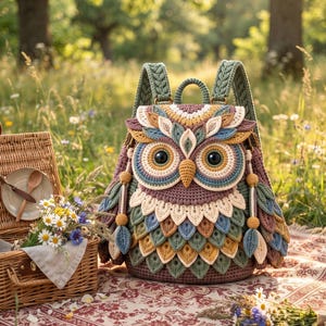 May include: A crochet backpack shaped like an owl, featuring layered feather-like details in shades of sage green, mustard yellow, dusty rose, and cream. The owl face has large dark eyes, a pointed beak, and two braided straps with leaf-shaped charms.