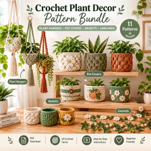 Crochet Plant Hanger Pattern PDF, Pot Cover Basket Pattern Bundle, Leaf Garland, Beginner Crochet Plant Decor, Boho Home Decor Pattern