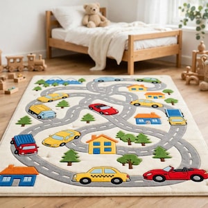 Hand Tufted Road Rug, Wool Car Play Rug, Handmade Traffic Rug, Road Map Area Rug, Carpet for Playroom, Transportation Room Decor